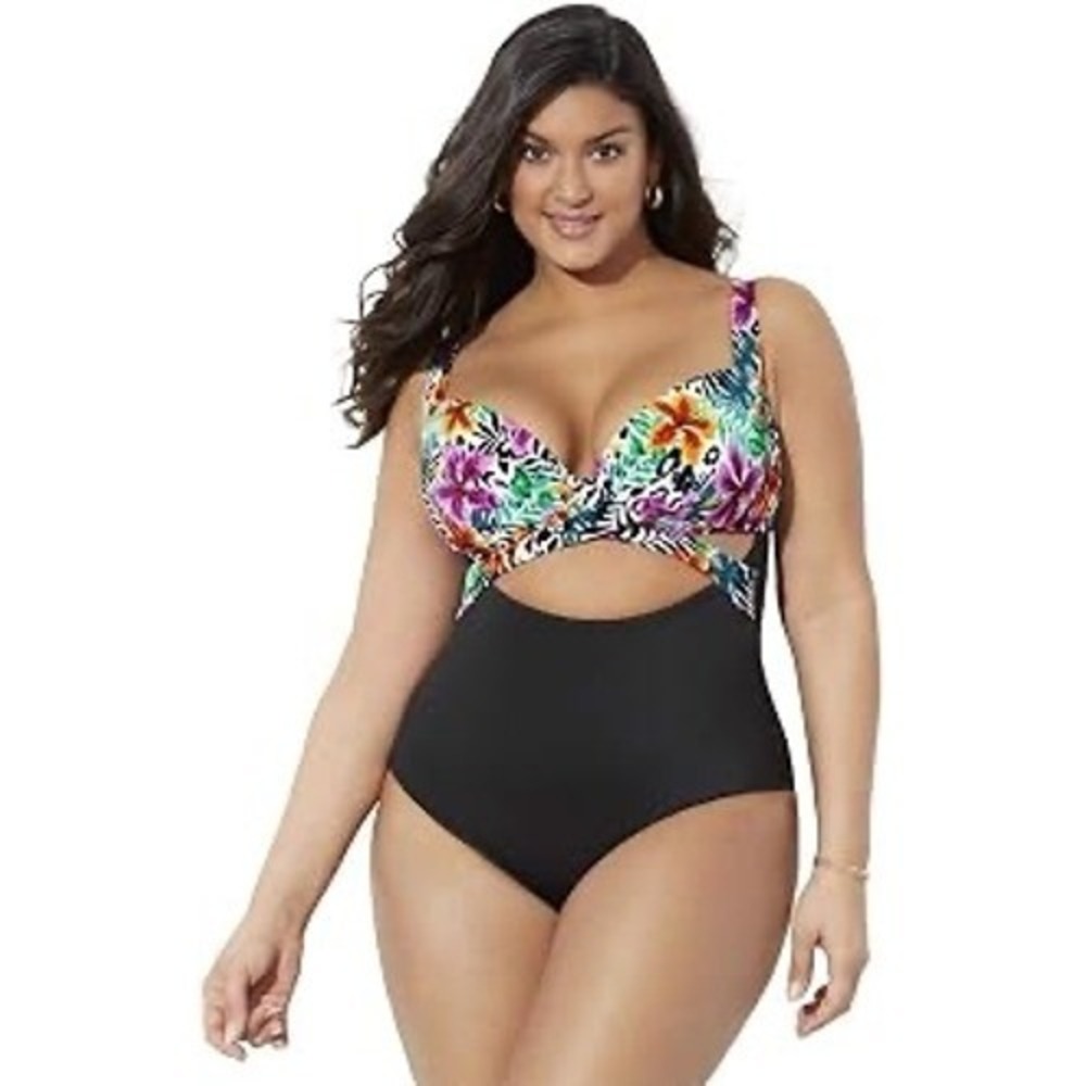 Swimsuits‎ For All Women Black Floral Leopard Cutout One Piece Swimsuit 14